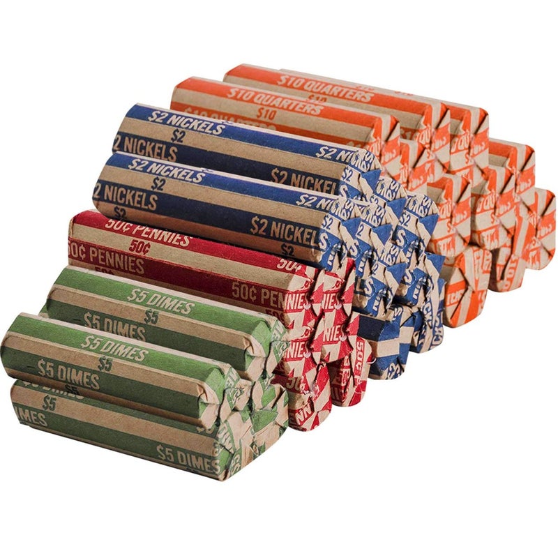 J Mark 400 Neatly-Packed Flat Coin Roll Wrappers Assorted, Made in USA, (Quarters, Dimes, Nickels, Pennies), ABA Striped Kraft Paper Coin Rolls Wrappers, Includes J Mark Deposit Slip - Image 1